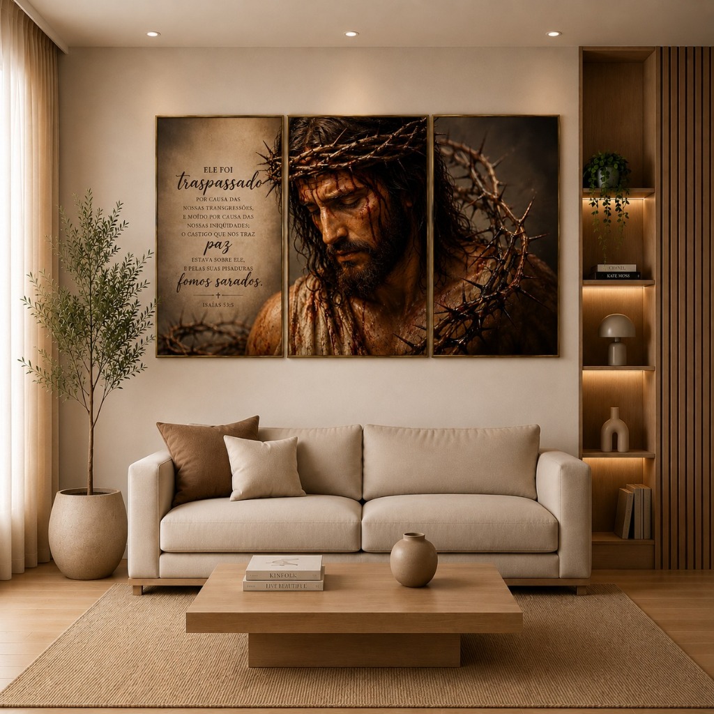 Kit Quadro Decorativo Religioso 3 Peças Jesus Cristo e Isaías 53:5 | Arte Cristã da Paixão de Cristo