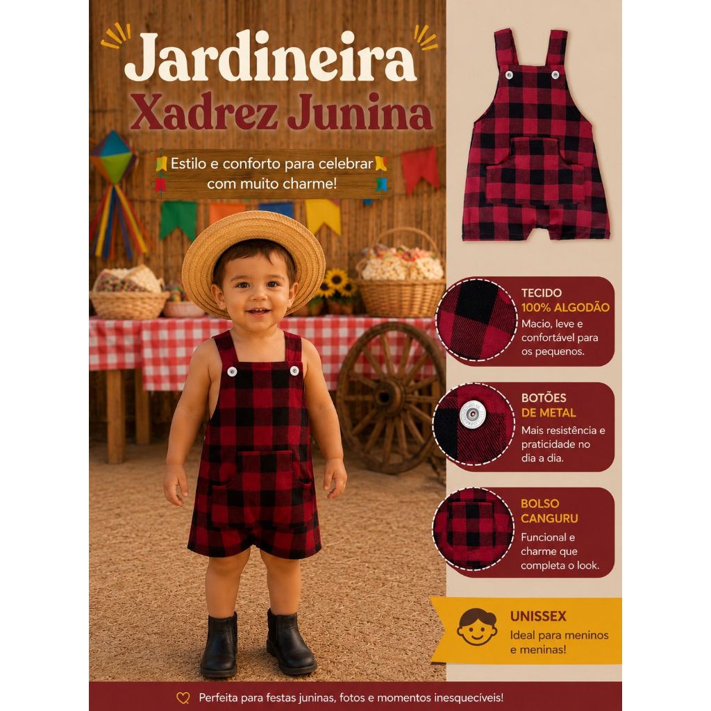 Macacão Jardineira Junino Xadrez  Festa Quadriculado  Bebê Infantil com Bolso Canguru