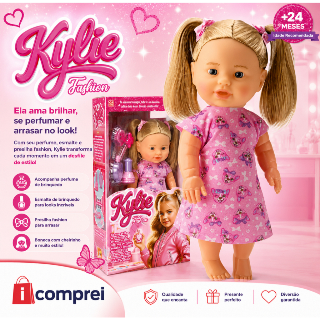 Boneca Kylie Fashion Com Acessórios Perfume Esmalte Presilhas Brinquedo Rosa Menina