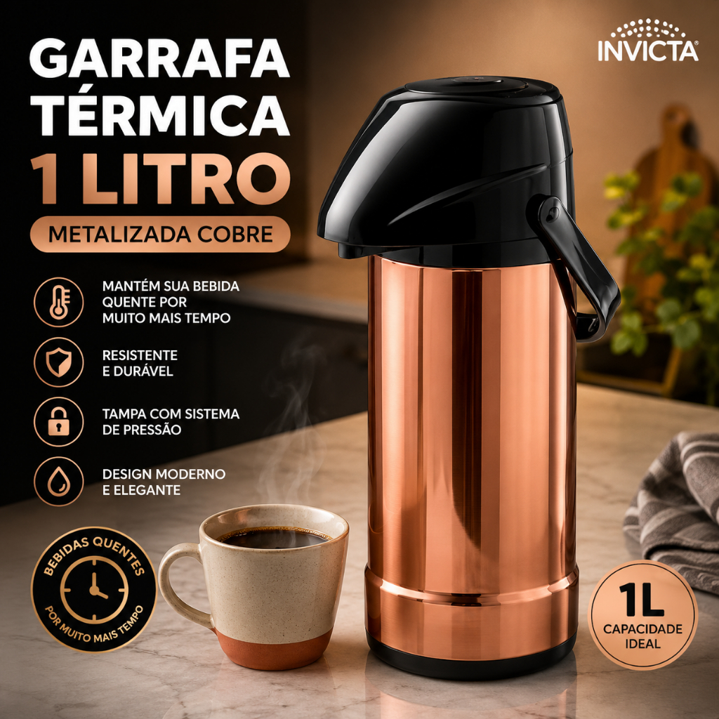 Garrafa Térmica De Café GLT Pressão 1 Litro Metalizado Cor Cobre Invicta Mantém Quente Resistente