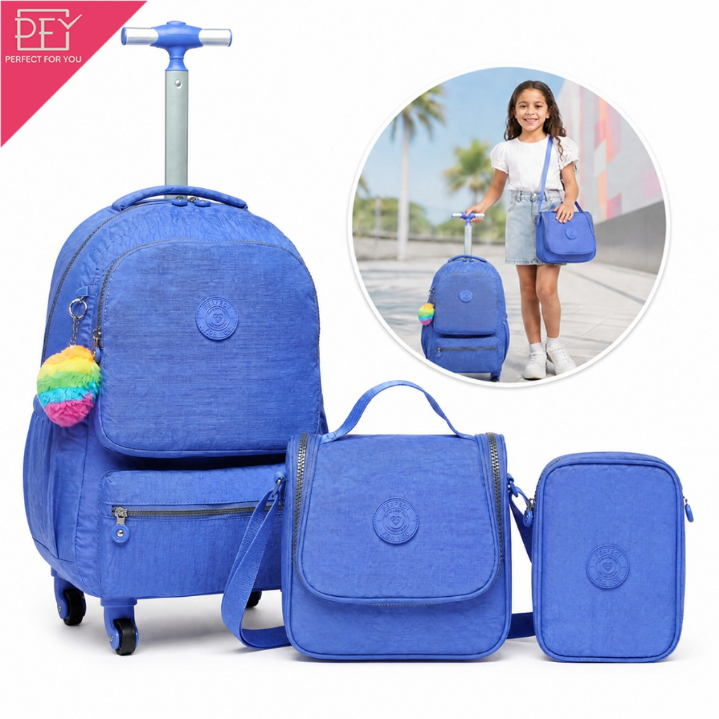 Perfect For You Kit Mochila Infantil Rodinhas 3 em 1 com Lancheira e Estojo Vara Retrátil Reforçada