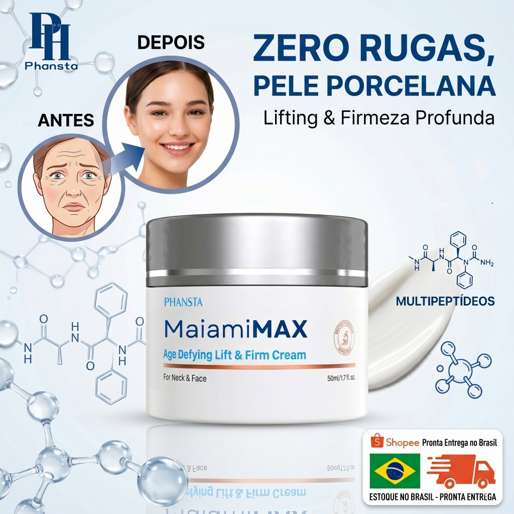 PHANSTA Creme Hidratante Facial Antirrugas com Ácido Hialurônico e Óleos Naturais 50g