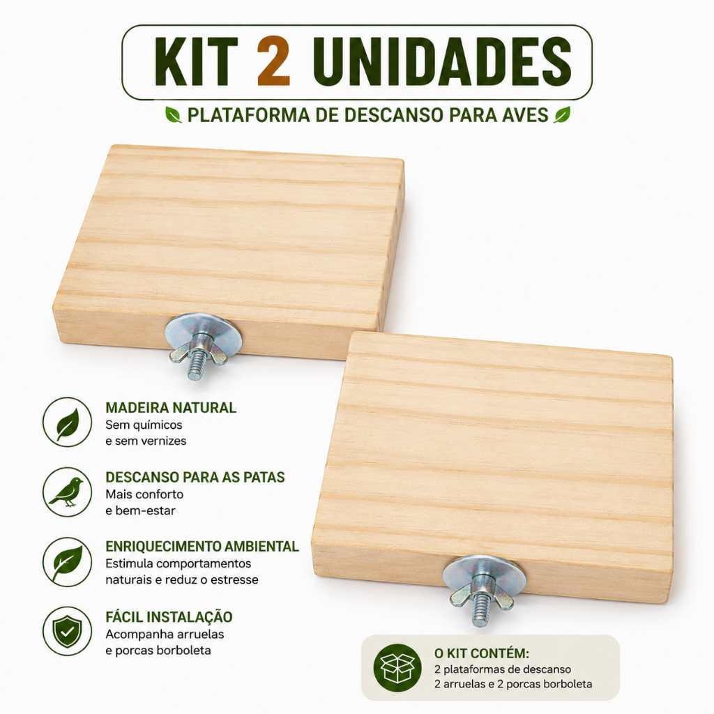 Kit 2 plataformas de descanso de madeira para Calopsitas, Periquitos, Agapornis e outras aves