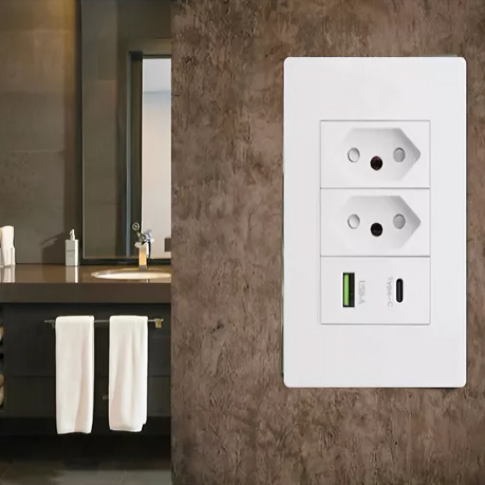 Tomada De Parede Dupla USB E USB-C Carregador Rápido 4 Em 1 Bivolt 110v 220v 10A Branco