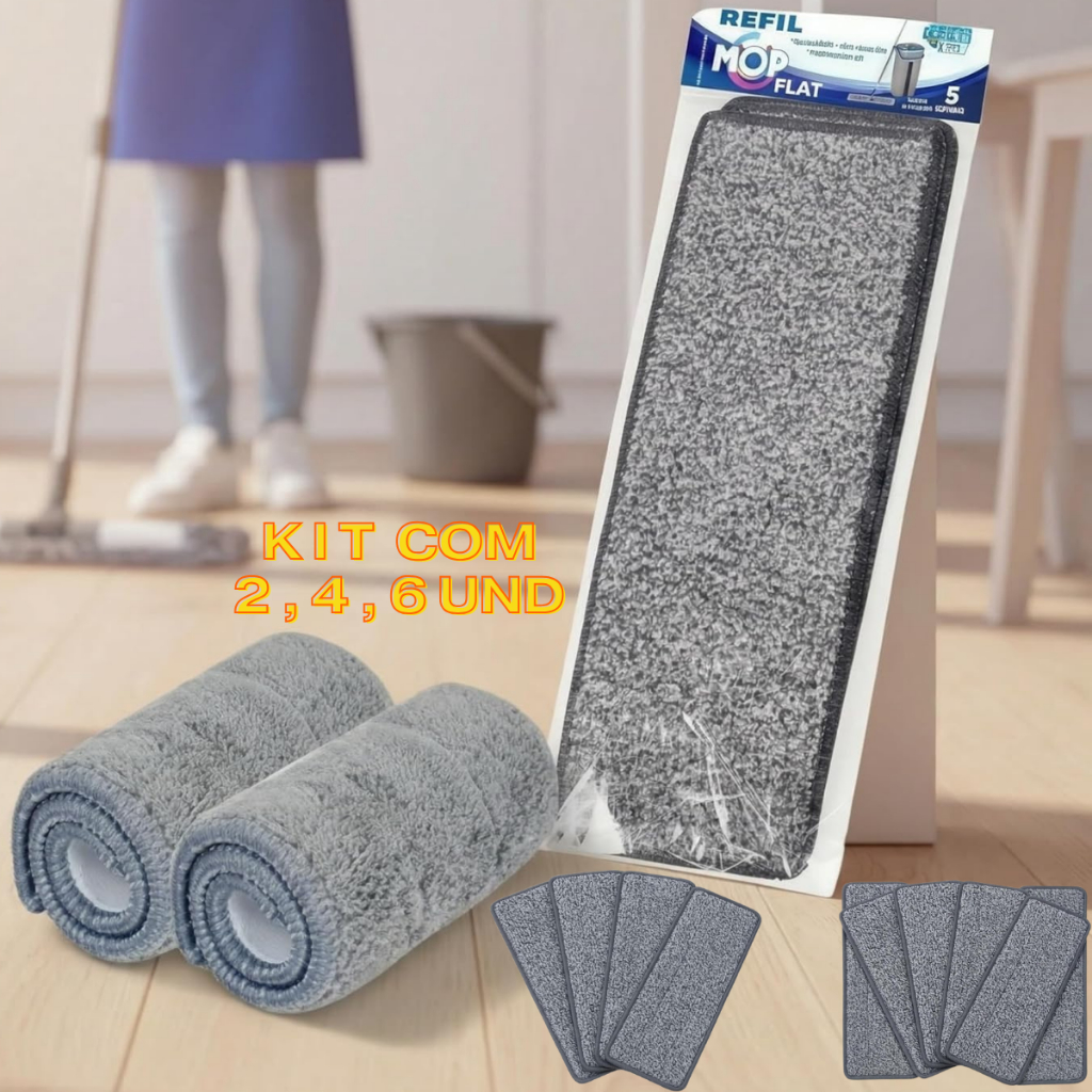 KITs Refis Mop Flat Microfibra Alta Absorcao Lavaveis Piso Ceramica Porcelanato Madeira Laminado