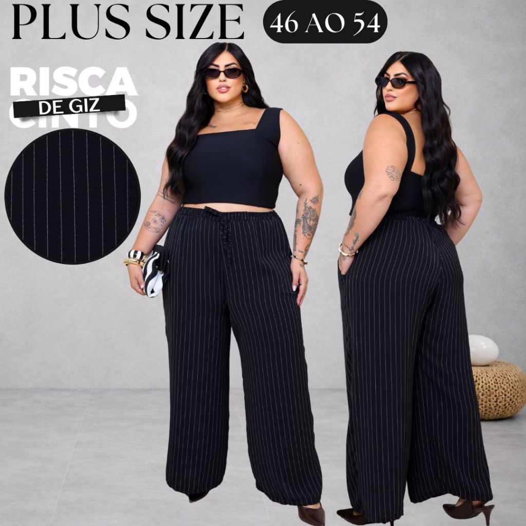 Calça Pantalona Plus Size Risca de Giz Tecido Duna Elegante Confortável Elástico na cintura 48 ao 54