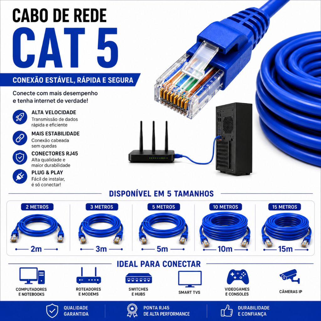 Cabo de Rede Cat5e RJ45 Internet Ethernet Azul 1.5m 3m 10m Alta Velocidade