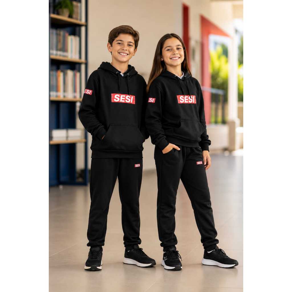 Conjunto de Frio Moletom Sesi Uniforme Escolar Menino Menina Feminino Masculino Flanelado Capuz Bolso Quentinho DTF