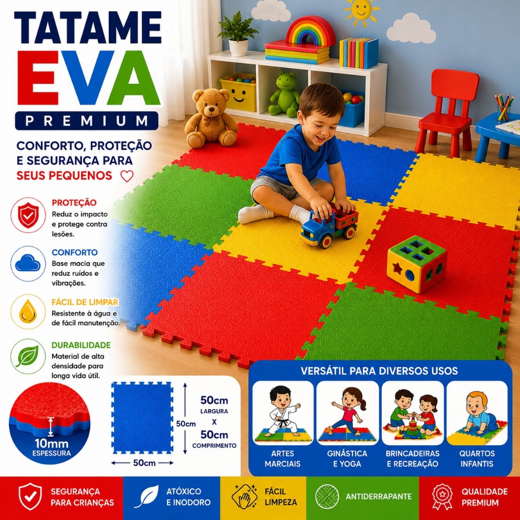 Kit 16 Placas Tapete Tatame Eva Infantil Colorido Linha Premium 50x50 10mm