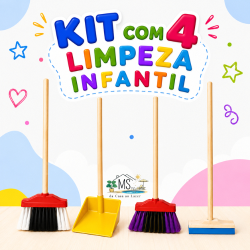 Conjunto com 4 Limpeza Infantil 2 Vassouras, Rodo e Pá Brinquedo Infantil