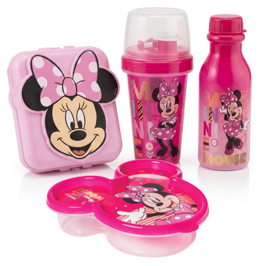 Conjunto 4 Peças Lancheira Infantil Rosa Minnie Lancheira Garrafa Copo Potinho Plasutil