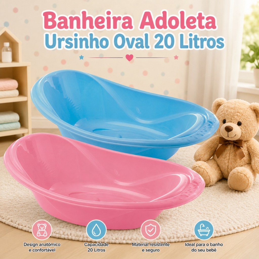 Banheira Infantil Adoleta Ursinho 20 Litros Resistente Oval Valvula de Escoamento Rosa Azul