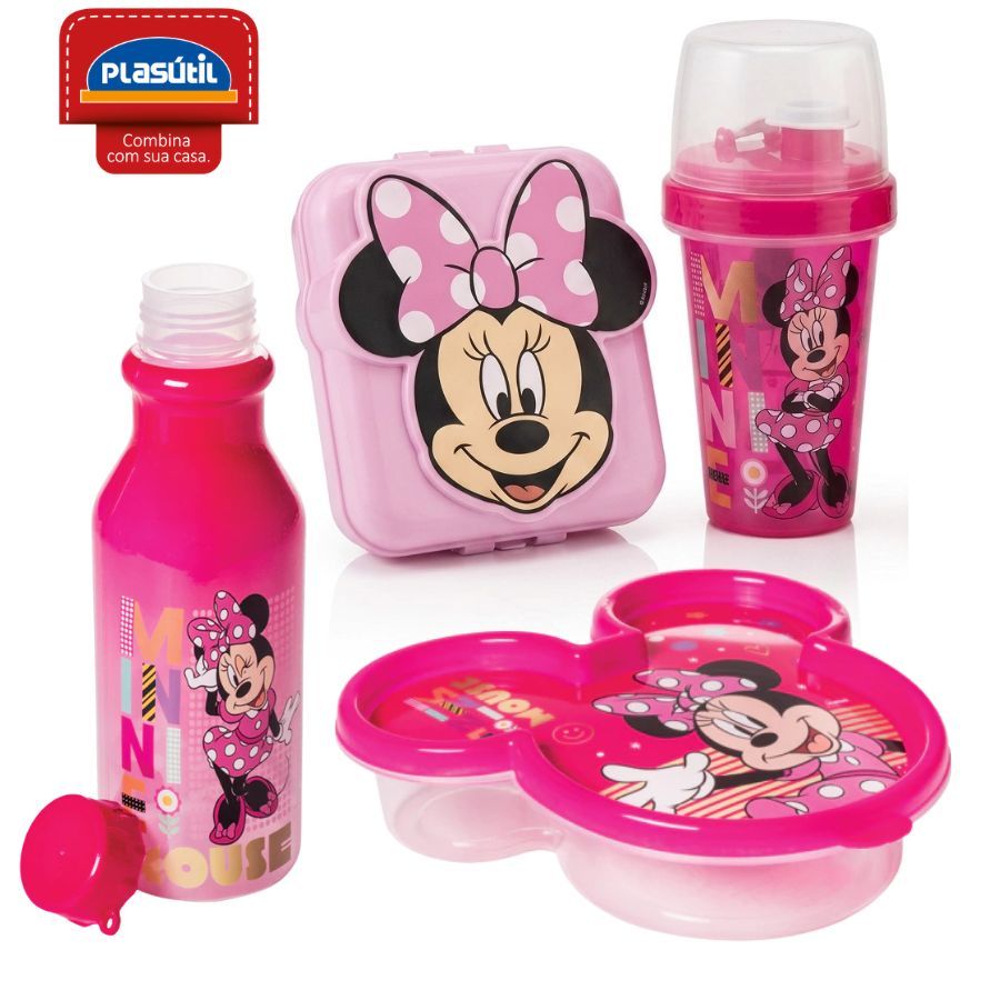 Lancheira Infantil Rosa Minnie Garrafa Sanduicheira Potinho Copo Plasutil 1PEÇA