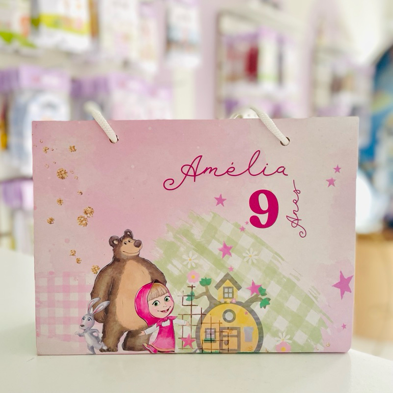 Sacolinha Personalizada Marsha e o urso c/ nome e idade | Pegue e Monte | Lembrancinha Festa Infantil
