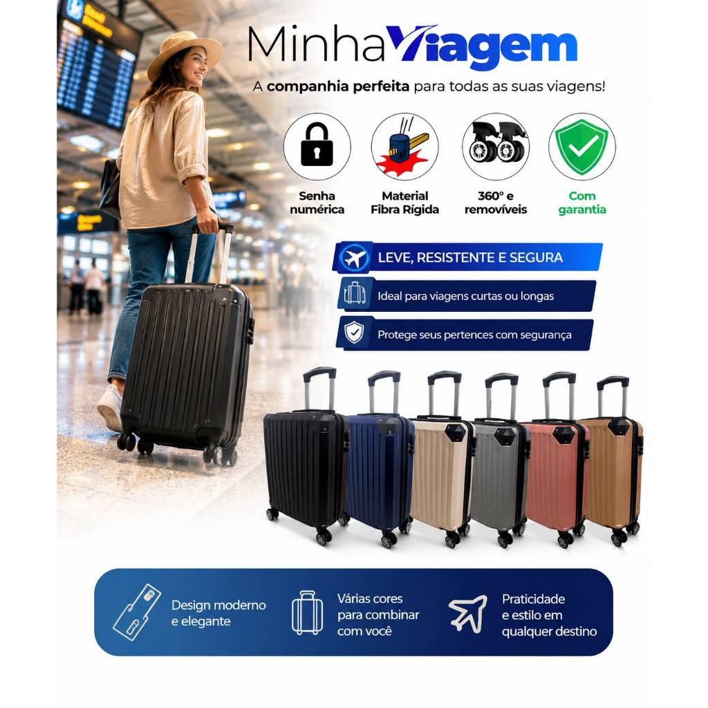 Imagem Mala De Bordo Viagem 10kg Padrão ANAC Fibra Rígida Rodas 360 Removíveis Avião Com Cadeado