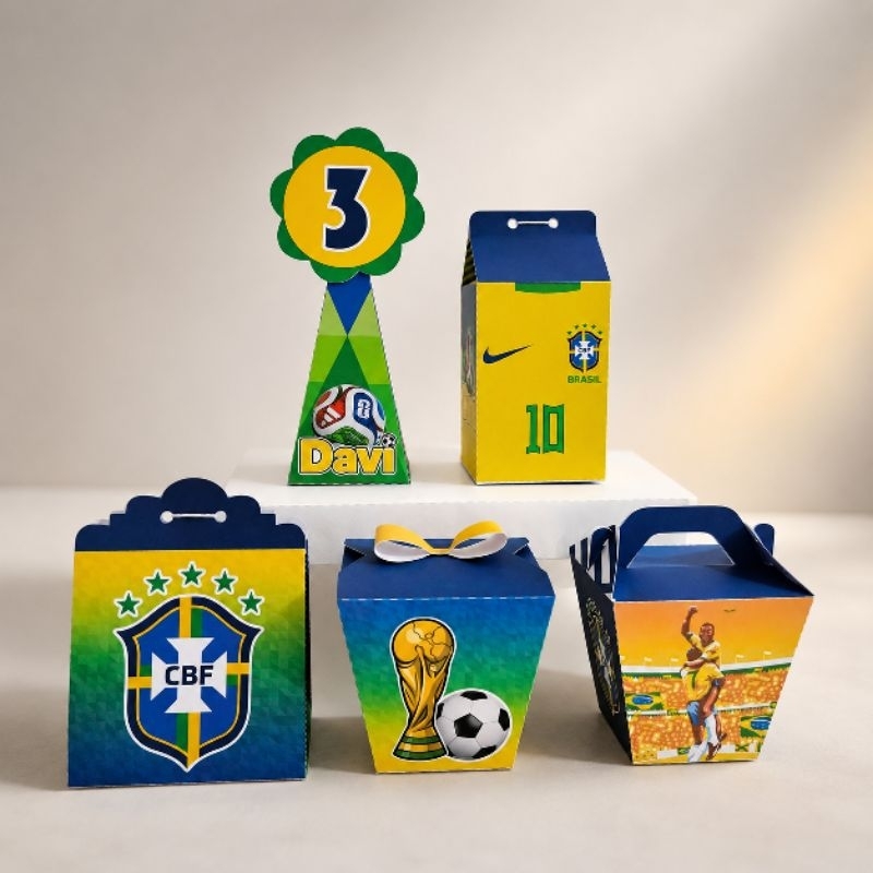 Kit 20 caixinhas personalizadas TEMA Copa do Mundo - Pegue e Monte - Lembrancinha festa infantil FUTEBOL BRASIL