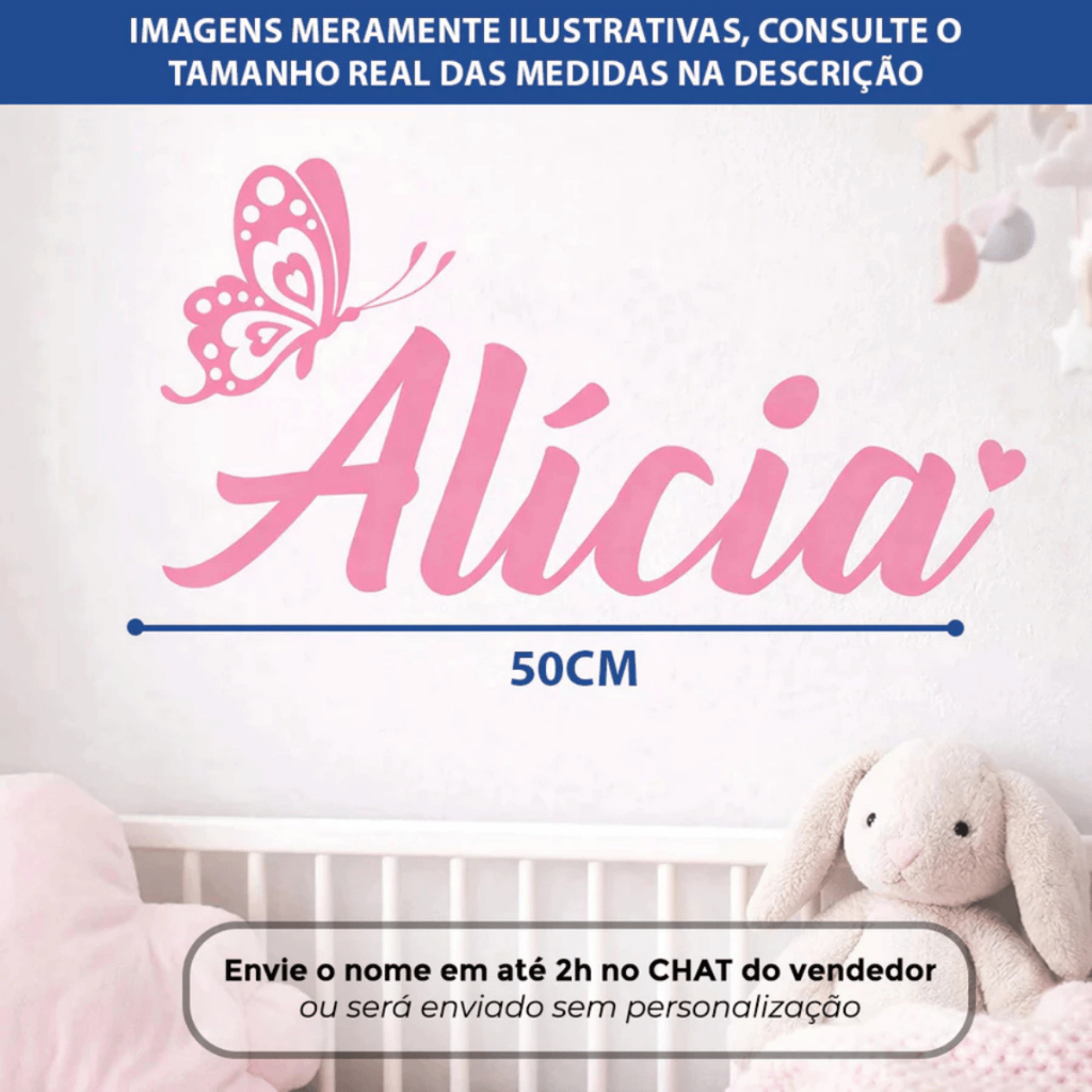 Nome Adesivo Decoração Quarto Masculino Feminino Personalizado 50cm Mais Borboleta e Coração Qualidade Rapidez