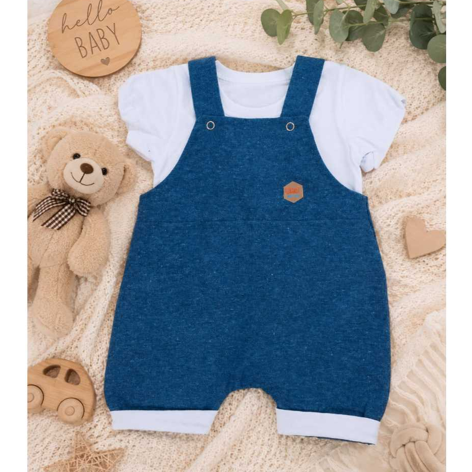 Conjunto Bebê Masculino Jardineira Azul com Camiseta Branca Roupa de Bebê Confortável Macacão Infantil RN á 4 Meses