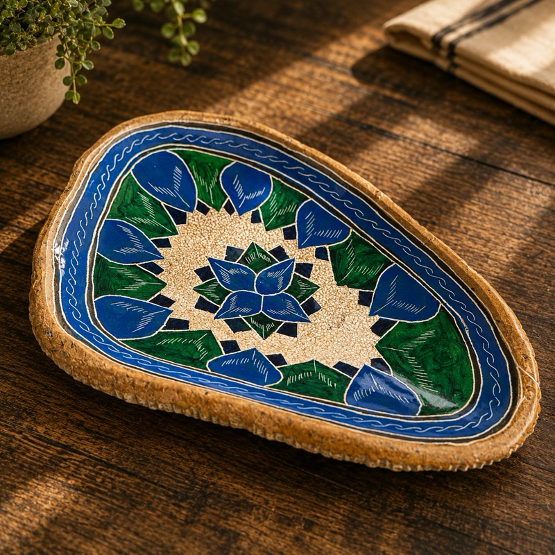 Centro de Mesa Gamela/Fruteira de mesa em Pedra Sabão Artesanal Bordada Colorida Na Cor Azul Petisqueira Cuba