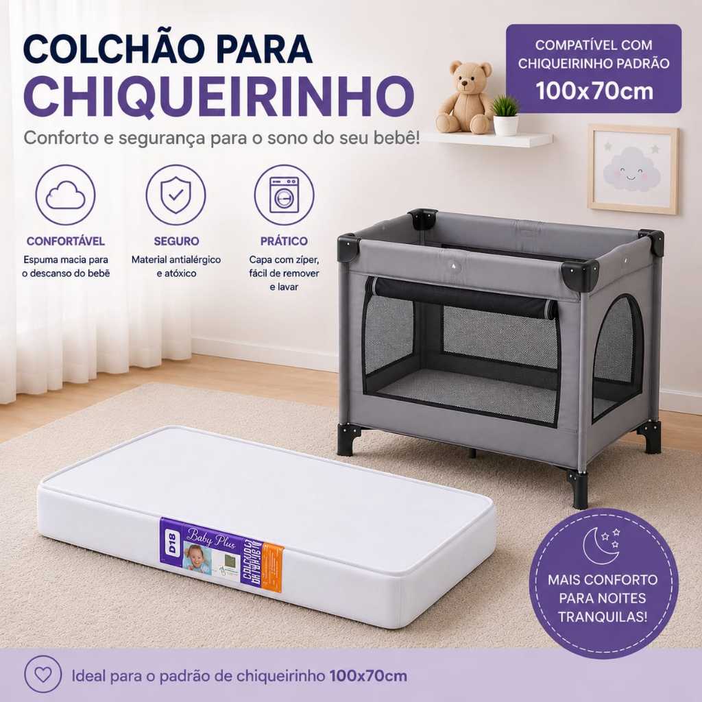 Colchão Para Berço Chiqueirinho 100x70 Espuma D18 Confortável Não Deforma
