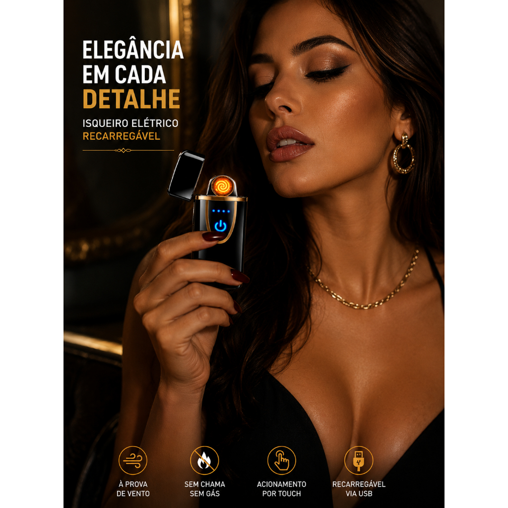 Isqueiro Elétrico Recarregável USB Touch Sem Chama à Prova de Vento
