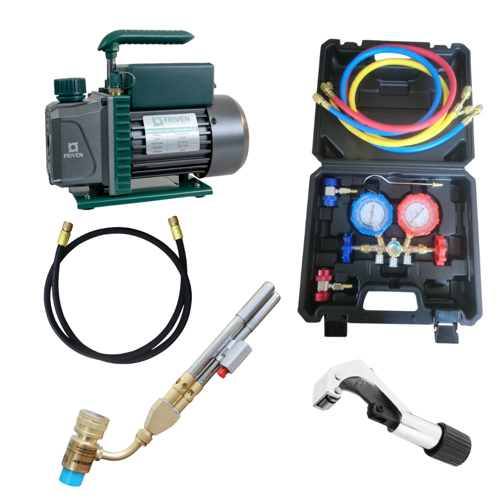 Kit refrigeração completo - bomba de vácuo com mangueira + Manifold + maçarico bico duplo + cortador