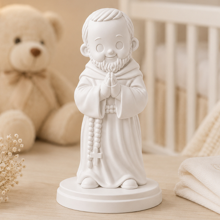 Escultura São Padre Pio Infantil Decorativo Imagem 3D Minimalista Religiosa Católica Quarto Batismo Primeira Comunhão Fé
