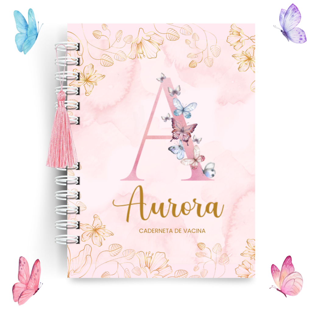 Caderneta de Saúde Vacinação Menina Borboleta Floral Personalizada com nome Capa Dura Versão Atualizada