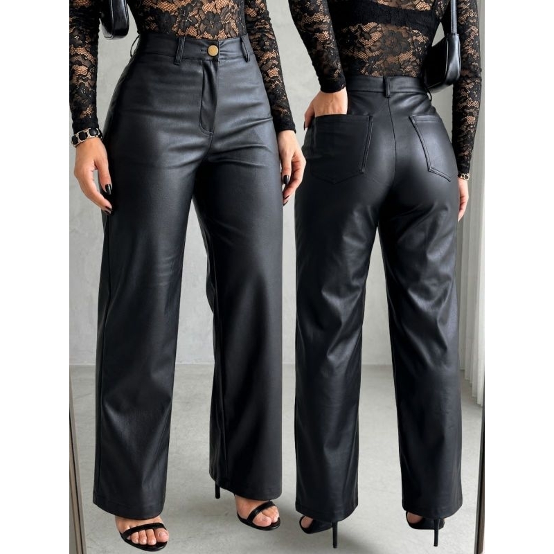 Calça Feminina Cintura Alta Wide Leg Pantalona Bolso Couro Premium Preta Fake