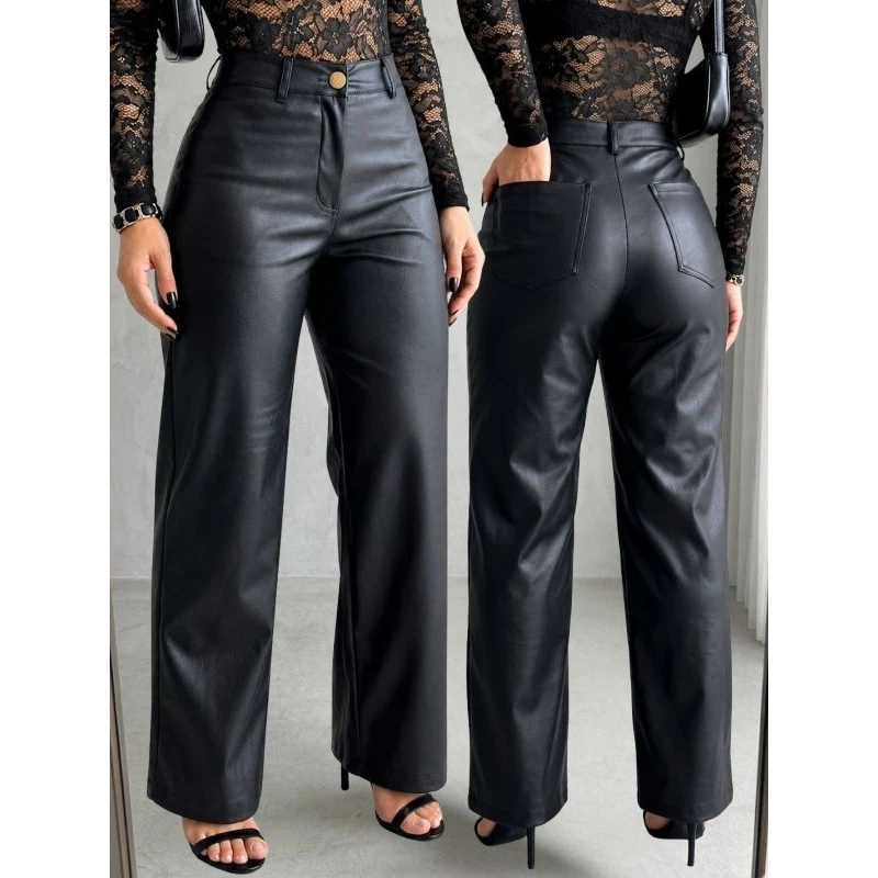Calça Feminina Cintura Alta Wide Leg Pantalona Bolso Couro Premium Preta Fake — imagem 1