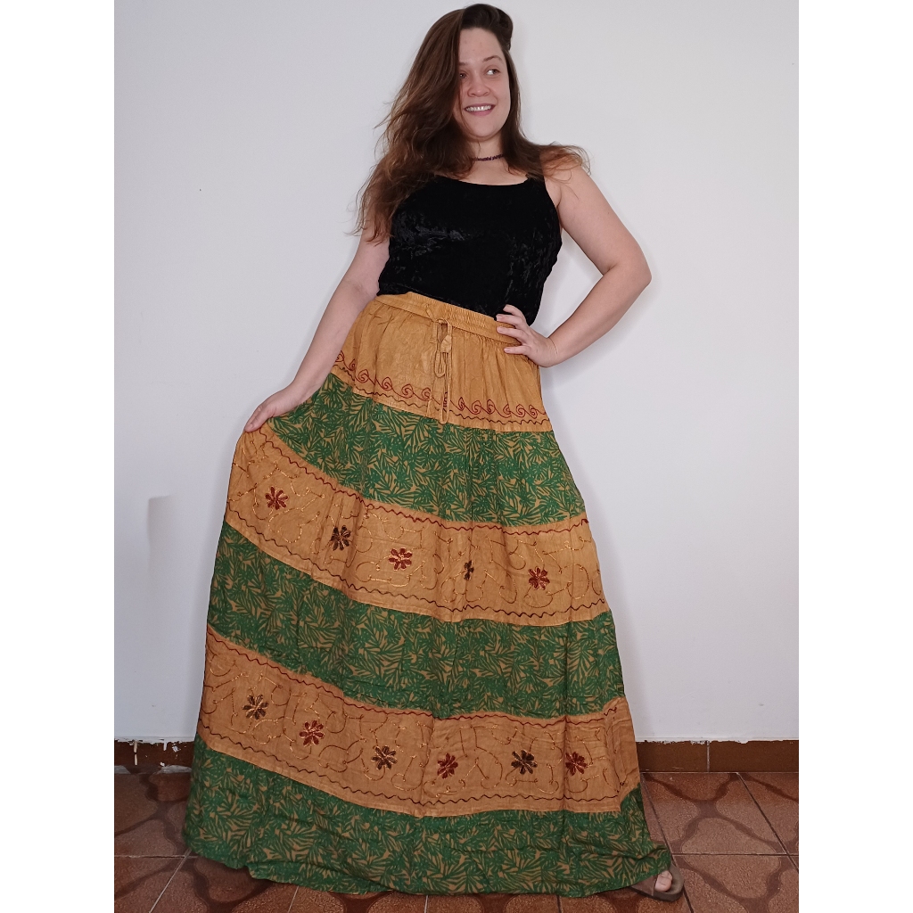 Saia Indiana Estonada Bordada Longa Hippie Boho