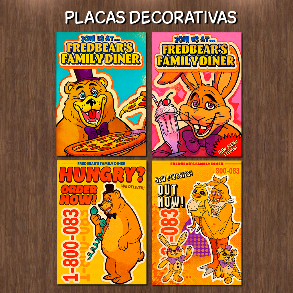 KIT 4 Placas Decorativas Five Nights At Freddy's Fredbear's Family Diner 20x28.5cm