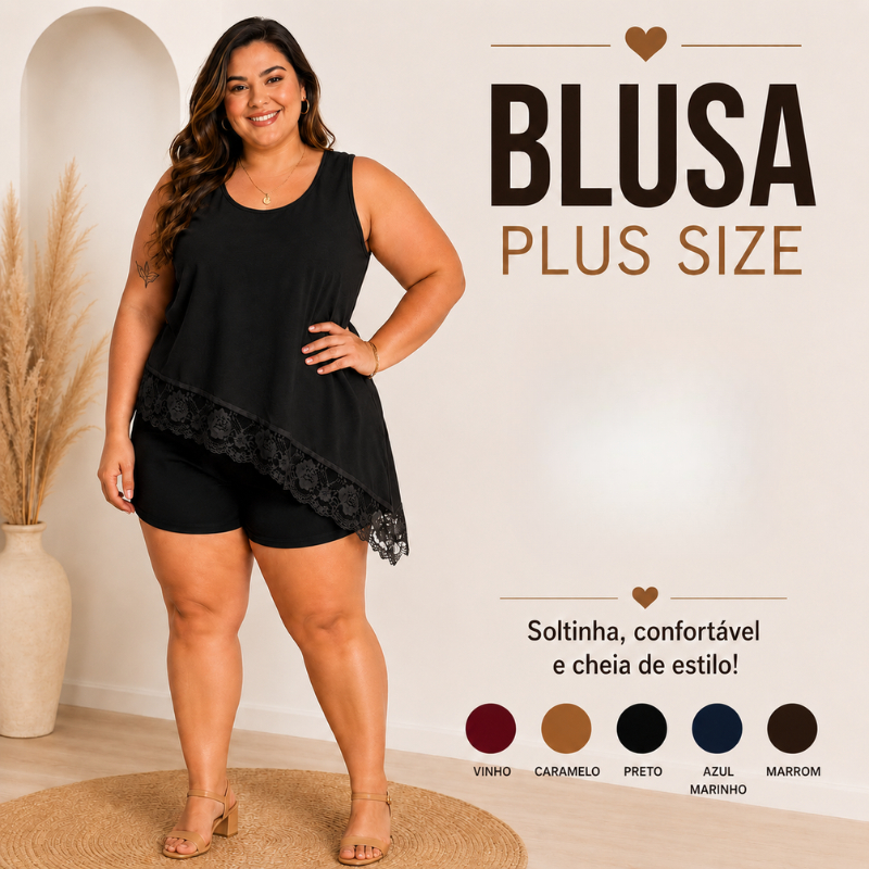 Blusa Plus Size Feminina Duna Regata Soltinha com Renda Barra Assimétrica G1 G2 G3 |4245| Lançamento