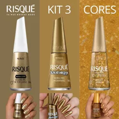 Kit 3 Esmaltes Risqué Dourados e Glitter Alta Cobertura Unhas Glamourosas