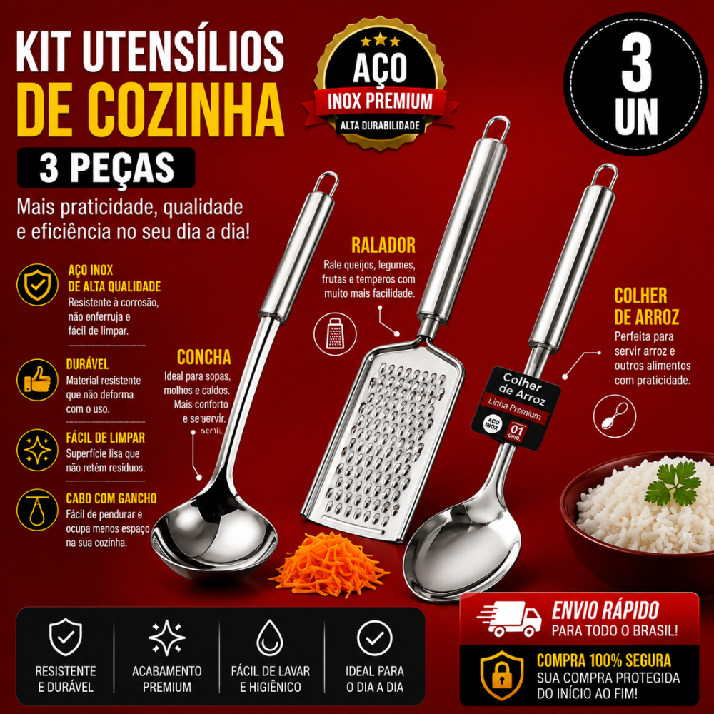 Kit Utensílios de Cozinha 3 Peças  O Kit de Utensílios de Cozinha 3 Peças é perfeito