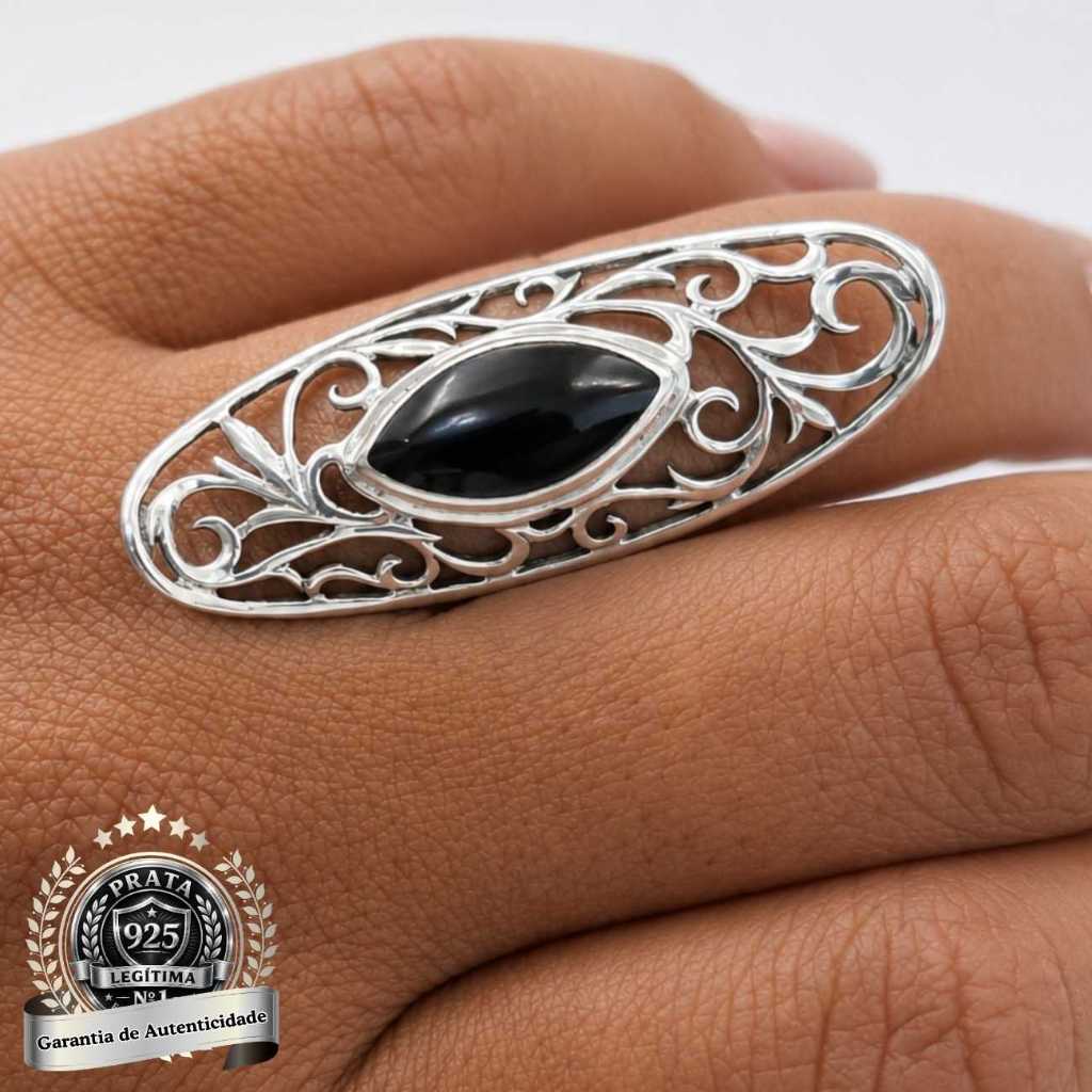 Anel Prata 925 Legitima Pedra Natural Ônix Navete Filigrana Vazada Feminino Boho Vintage Tamanho 18
