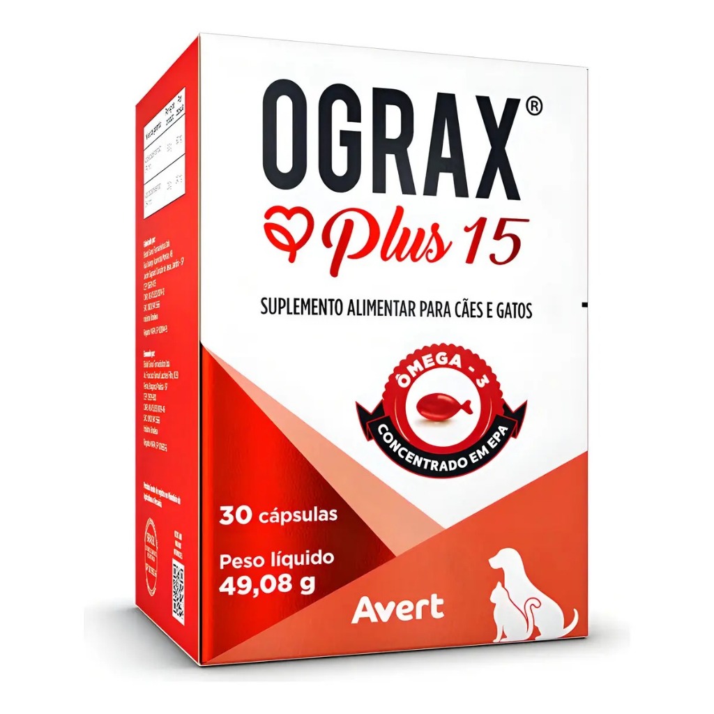 Suplemento Ograx Plus 15 Avert Ômega 3 Cães Gatos 30 Cápsulas
