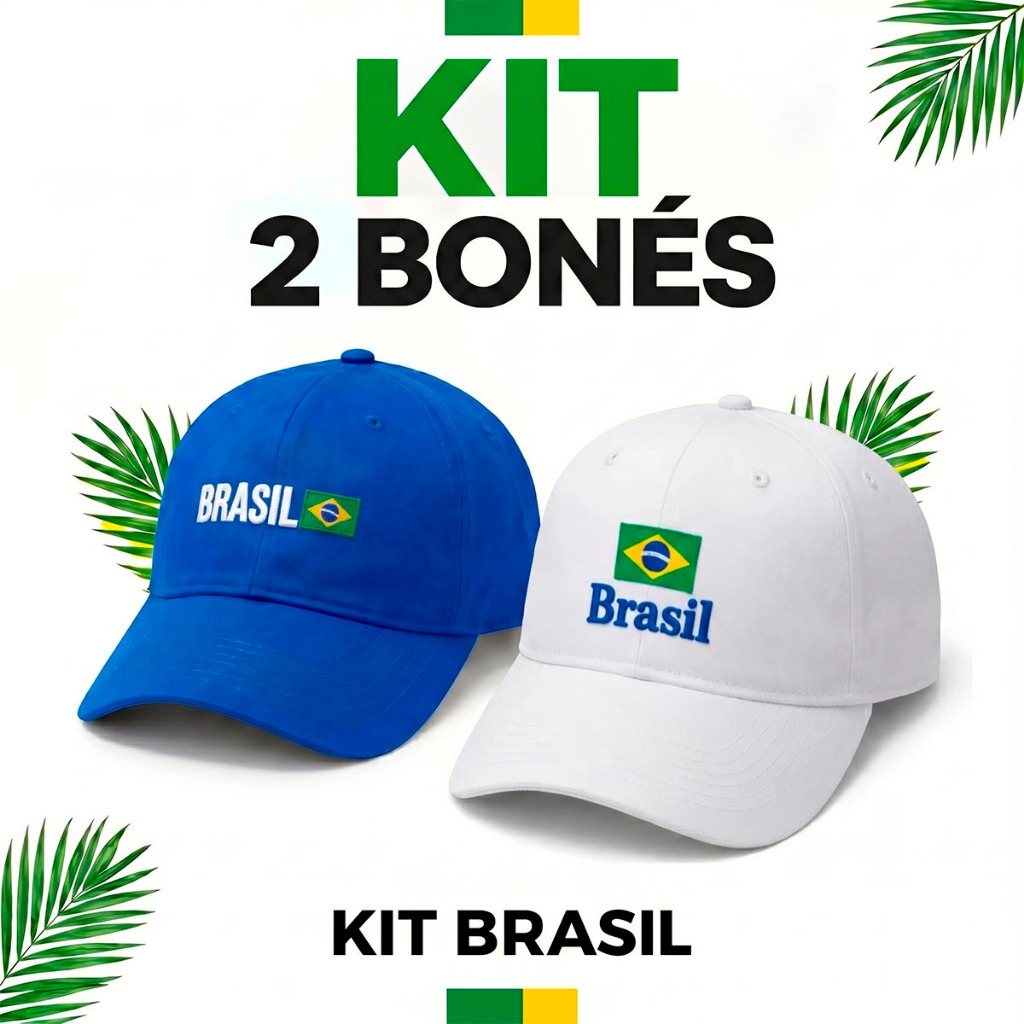 Kit 2 Boné Brasil Premium Seleção Brasileira Copa do Mundo Bordados Aba Curva Ajustável Casual
