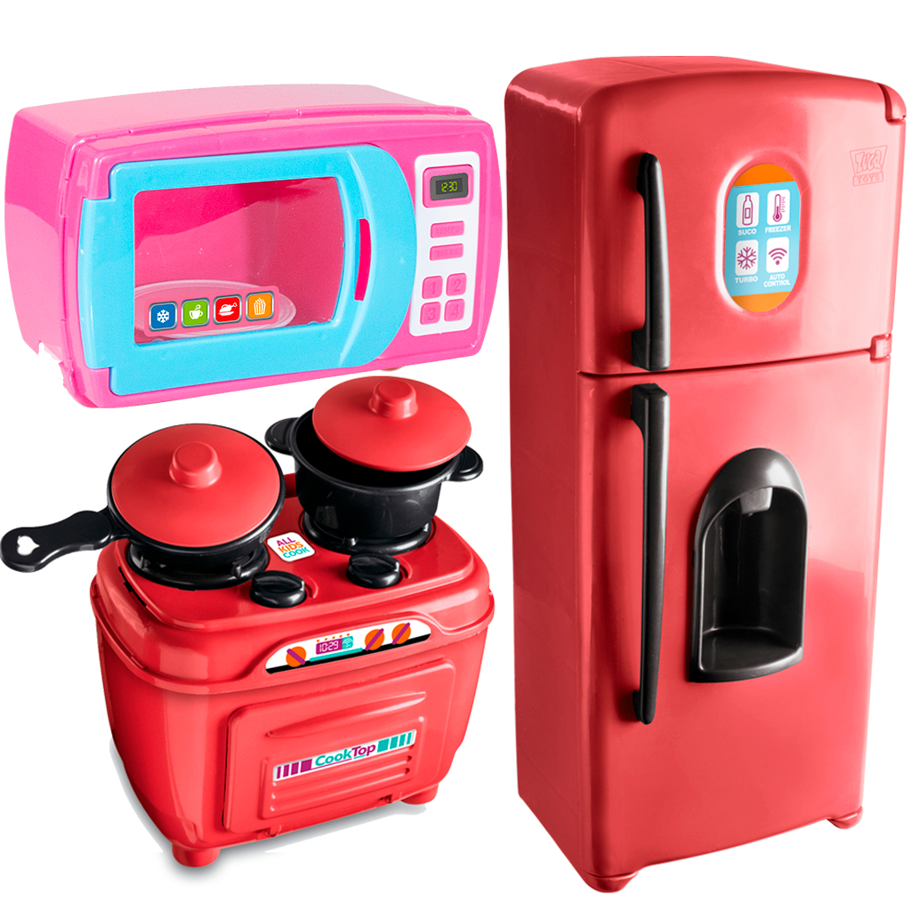 Kit Geladeira Duplex + Fogao Play Cooker com jogo de Panelinhas + Microondas VERMELHO