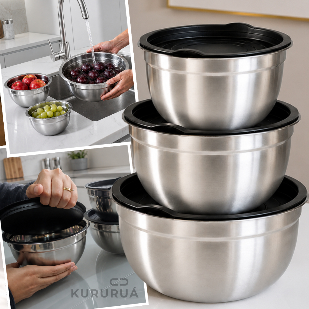 Conjunto Bowls de Inox Tigela com Tampa 3 Pças