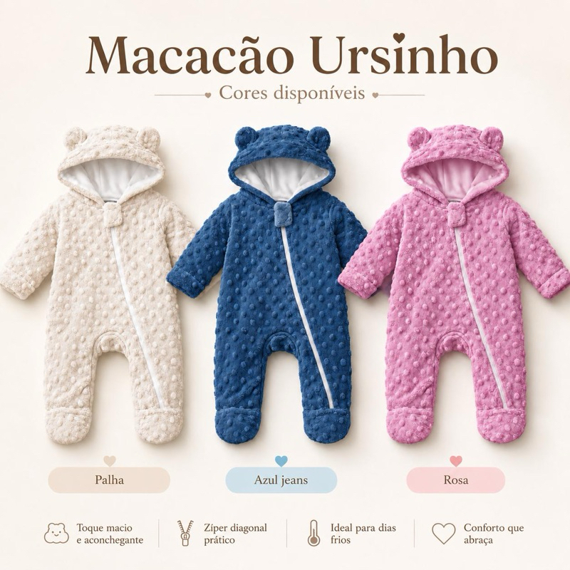 Macacão Bebê Soft Peluciado Ursinho  Quentinho Com Capuz e Zíper Roupa de Frio  Urso Infantil UNISEX 0 a 12 Meses