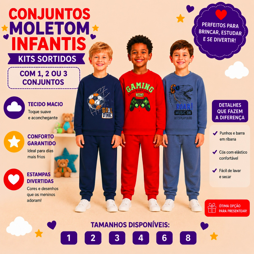 Conjunto de Moletom Infantil de Inverno Menino Bebê Masculino Algodão Kit Sortido 2, 4 ou 6 Peças