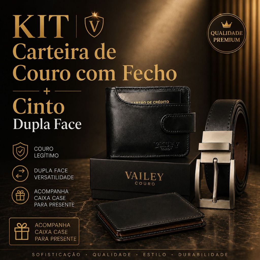 KIT-Carteira Masculina Couro Legítimo com Fecho + Cinto Dupla Face com Fivela Giratória