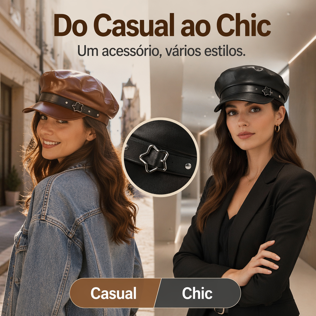 Boina marinheiro de couro PU com estrela vintage feminina, chapéu oitavado estilo britânico, chapéu de pintor plano vers
