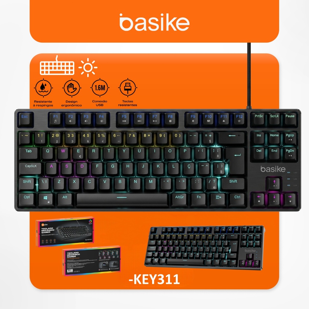 BASIKE Teclado gamer semi-mecânico KEY311 retroiluminação LED RGB em arco-íris, teclas anti-ghosting, à prova d'água