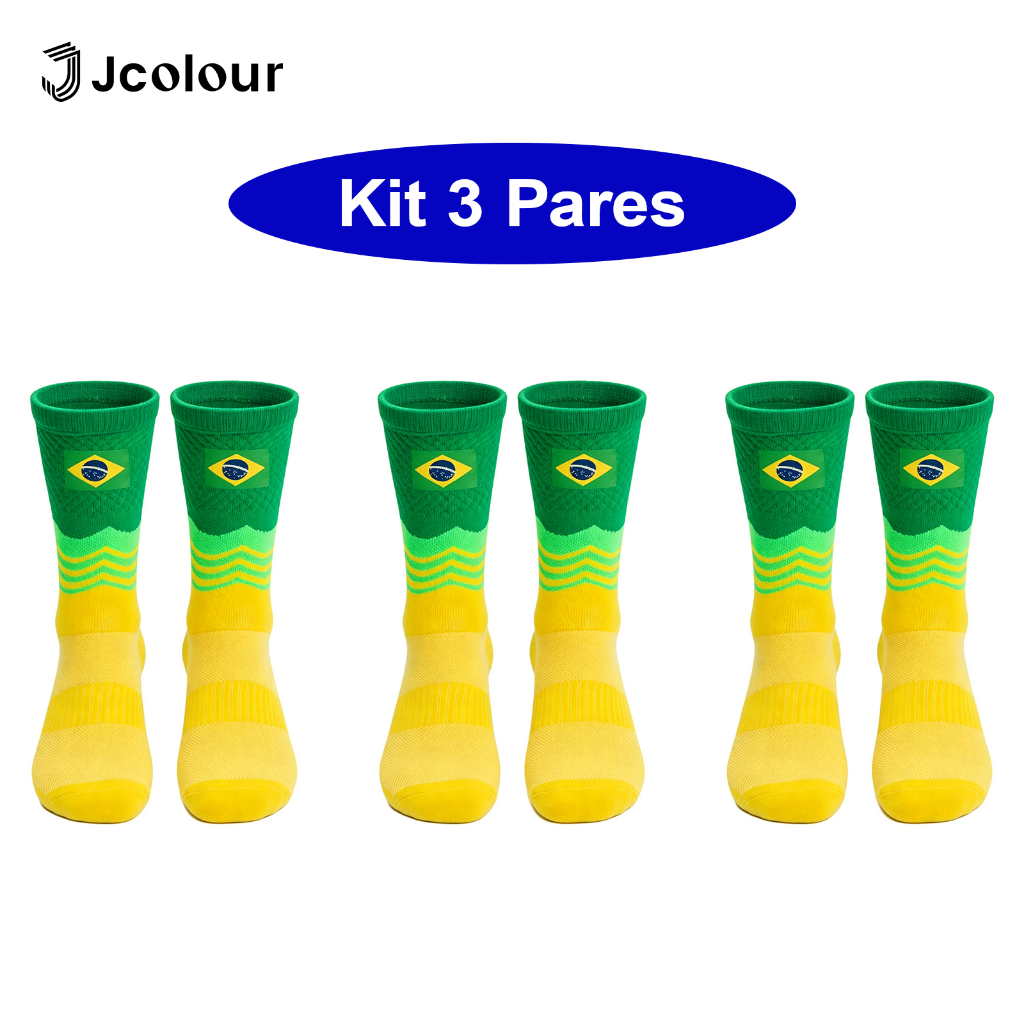 Kit 3 Meia de Futebol Brasil Cano Alto Copa do Mundo 2026 Esportiva Academia Corrida Antiderrapante