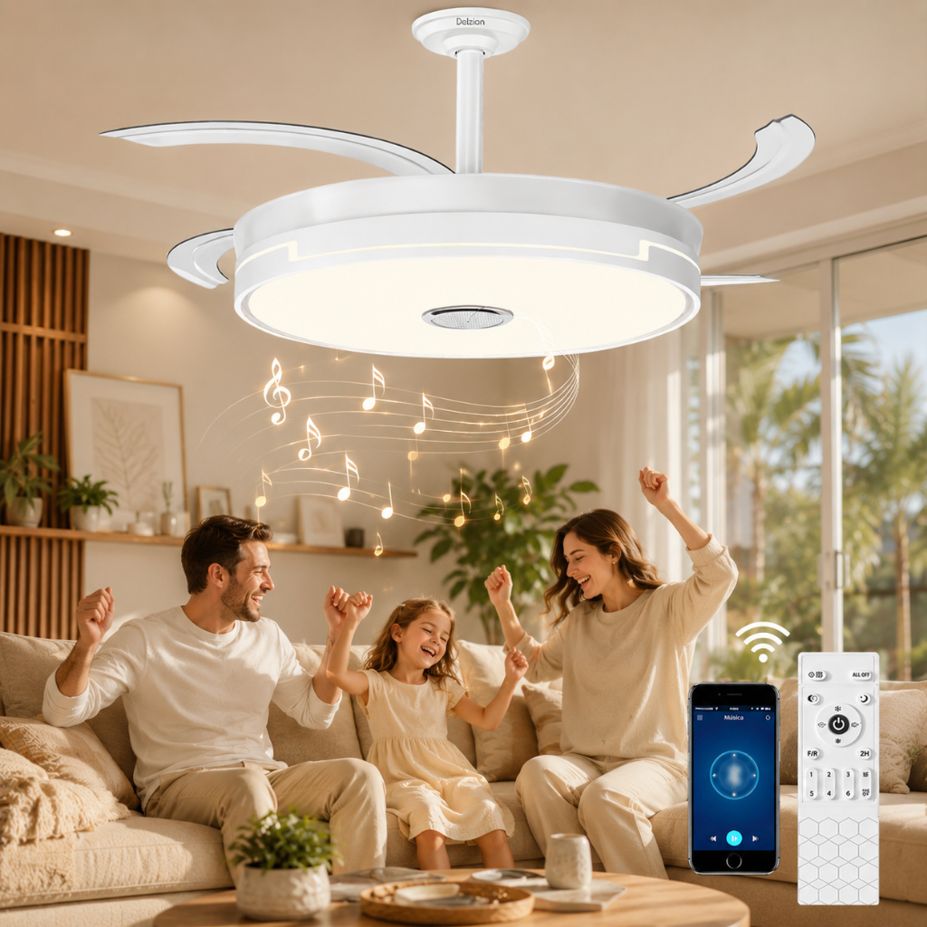 Ventilador De Teto Retrátil 42" LED 3 Cores Som Integrado Controle Remoto Motor DC 60W Bivolt