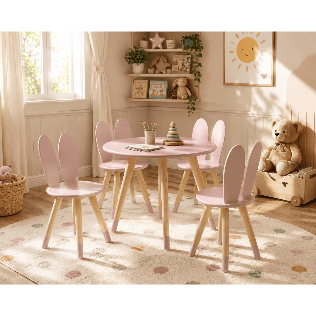 Mesa Infantil Redonda com 4 Cadeiras Borboleta Conjunto Educativo Quarto Infantil Brinquedoteca