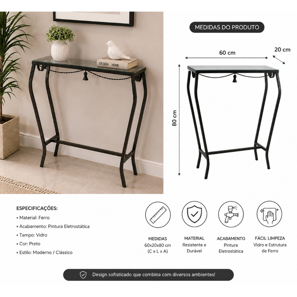Aparador de Ferro para decoração com vidro