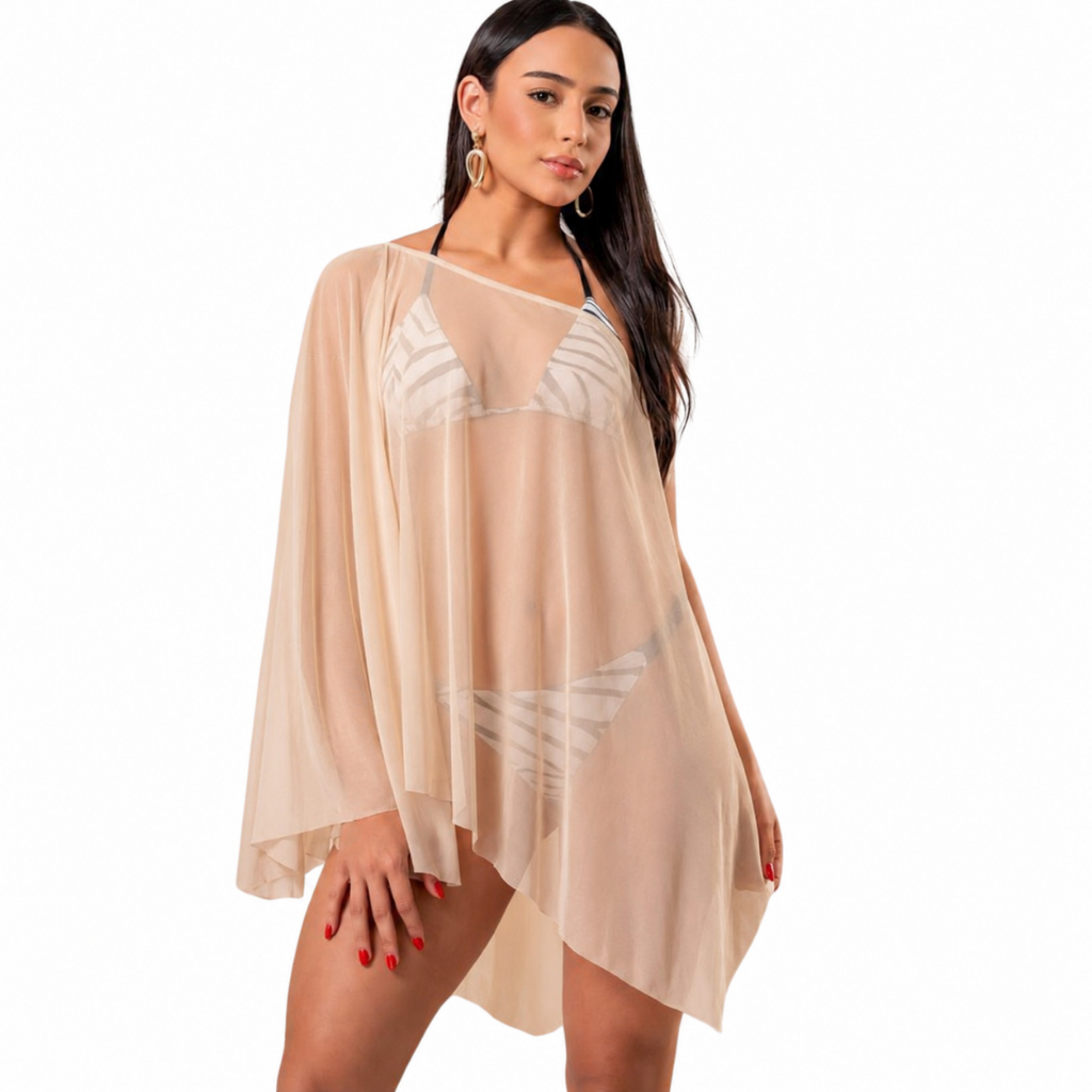 Bata Saída de Praia Feminina em Tule Transparente Ombro Caído – Moda Praia Elegante